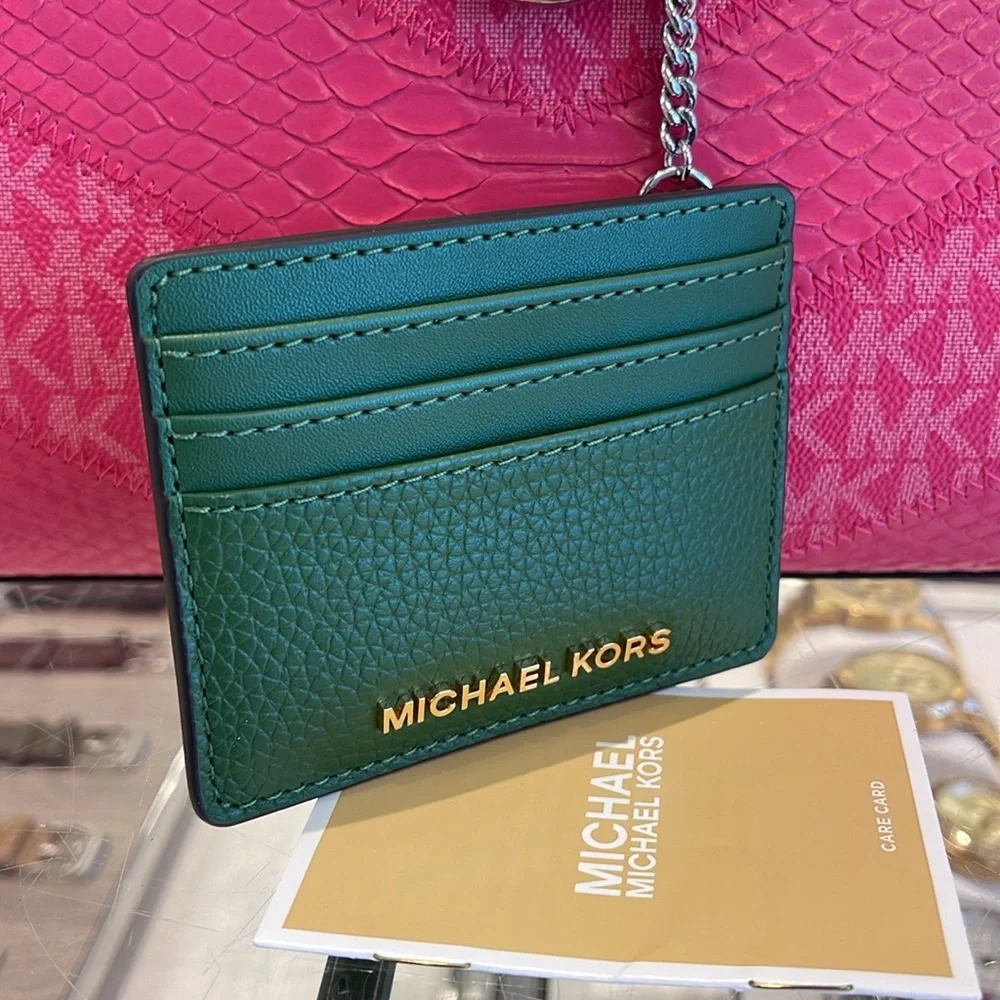 MICHAEL KORS Large Pebbled Leather Card Holder Case Fern Green  NWT